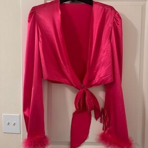 Pink Satin Tie-Front Top with Feather Cuffs